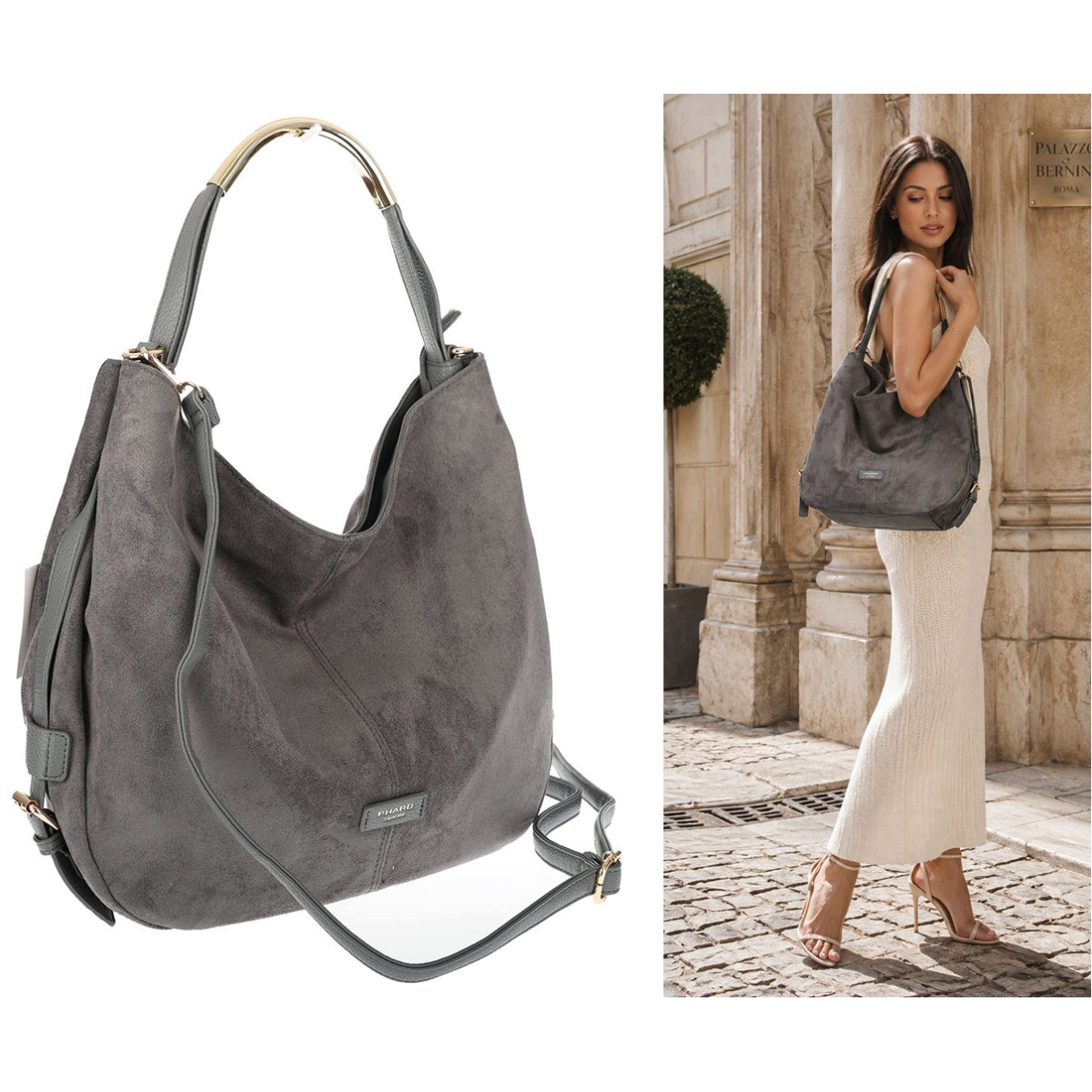 Torebka damska shopper torba zamszowa na ramię modna do pracy PJ451 Szara