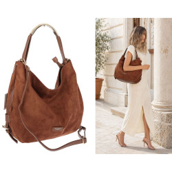 Torebka damska shopper torba zamszowa na ramię modna do pracy PJ451 Brązowa