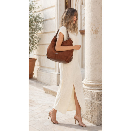 Torebka damska shopper torba zamszowa na ramię modna do pracy PJ451 Brązowa