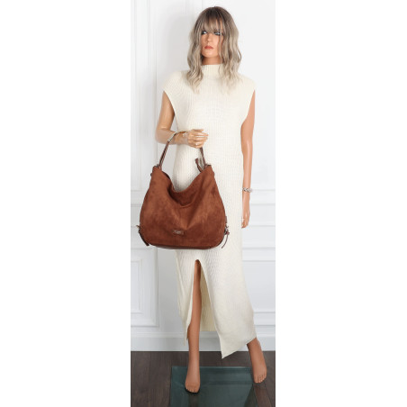 Torebka damska shopper torba zamszowa na ramię modna do pracy PJ451 Brązowa