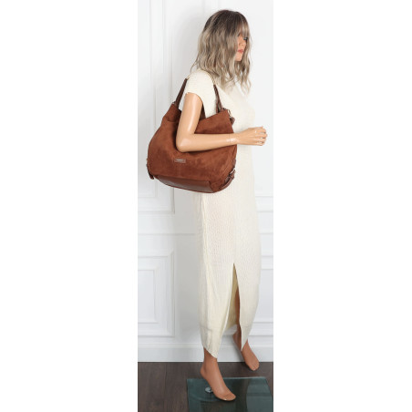 Torebka damska shopper torba zamszowa na ramię modna do pracy PJ451 Brązowa