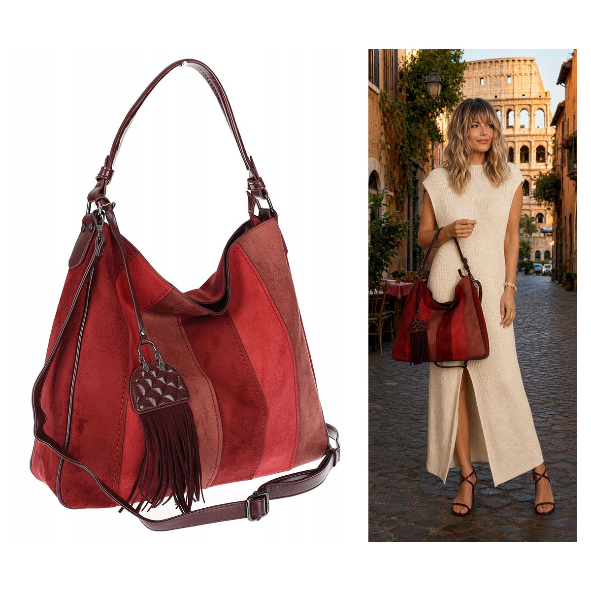Torebka Damska Shopper na Ramię worek modna torba Listonoszka MC797 Bordowa