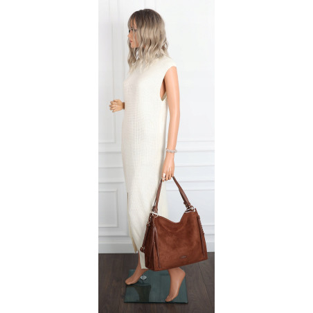 Torebka damska shopper zamszowa pojemna na ramię frędzle lekka PJ02 Brązowa