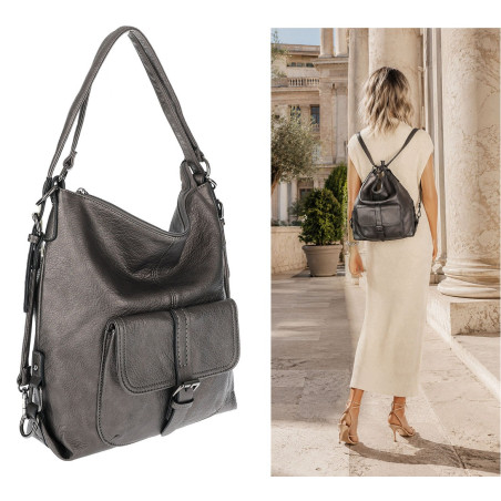 Torebka Miejska 2w1 Shopper Plecak Worek Torba Modna na Ramię SQ36A Srebrna