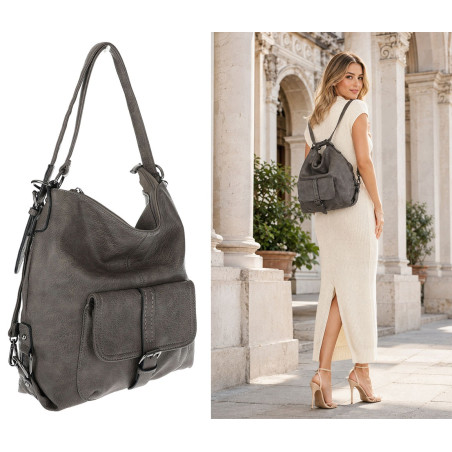 Torebka Damska Miejska 2w1 Shopper Plecak Worek Torba na Ramię SQ36A Szara