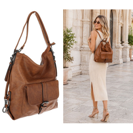 Torebka Miejska 2w1 Shopper Plecak Worek Torba Modna na Ramię SQ36A Brązowa