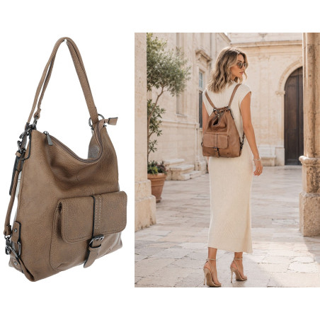 Torebka Damska Miejska 2w1 Shopper Plecak Worek Torba na Ramię SQ36A Beżowa