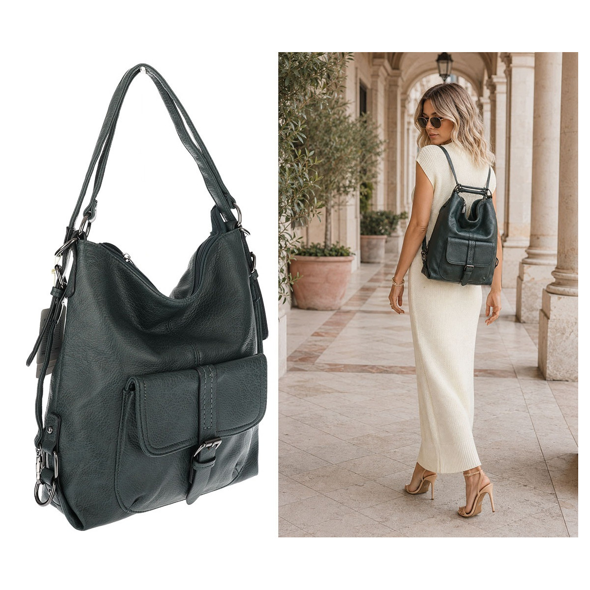 Torebka Miejska 2w1 Shopper Plecak Worek Torba Modna na Ramię SQ36A Zielona