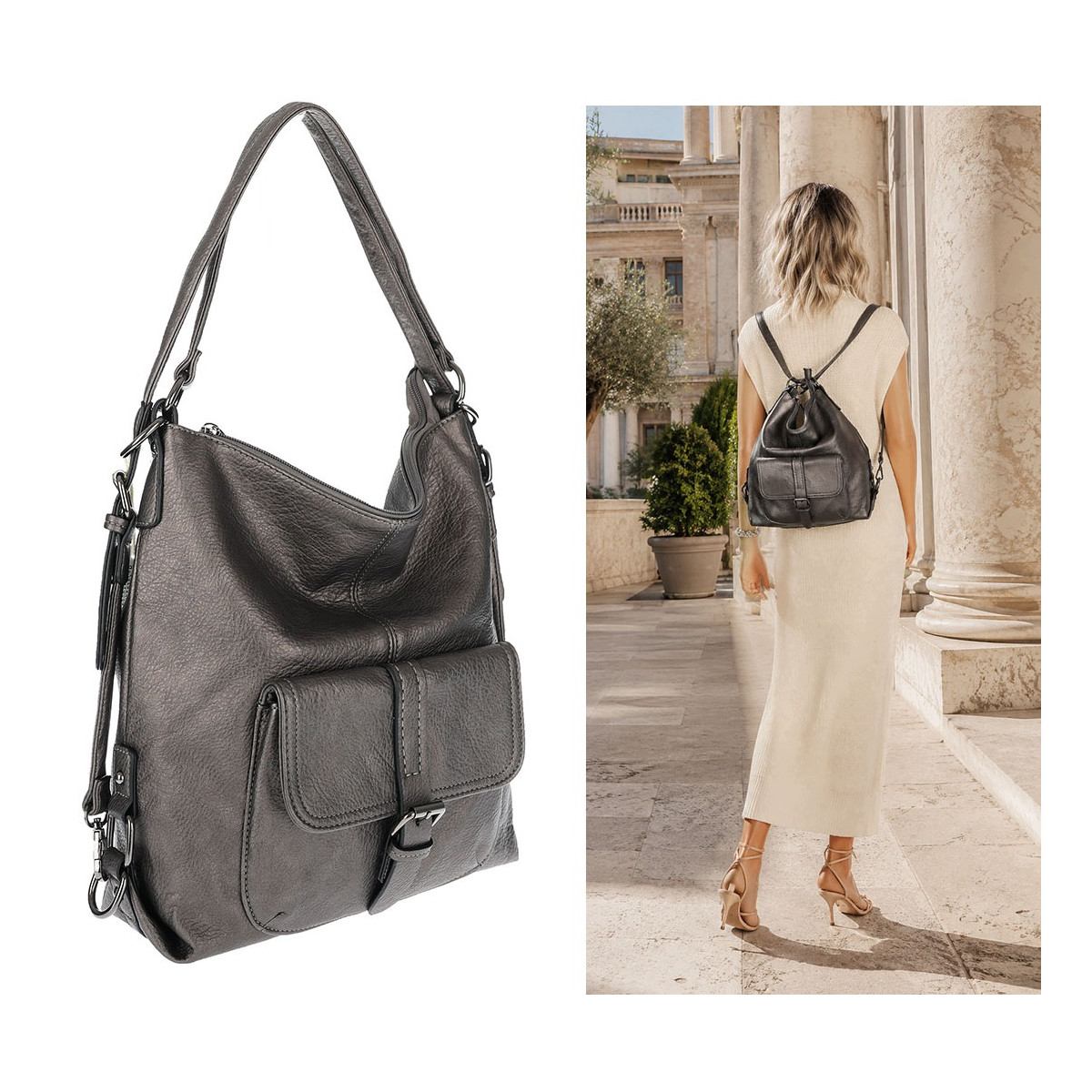Torebka Miejska 2w1 Shopper Plecak Worek Torba Modna na Ramię SQ36A Srebrna