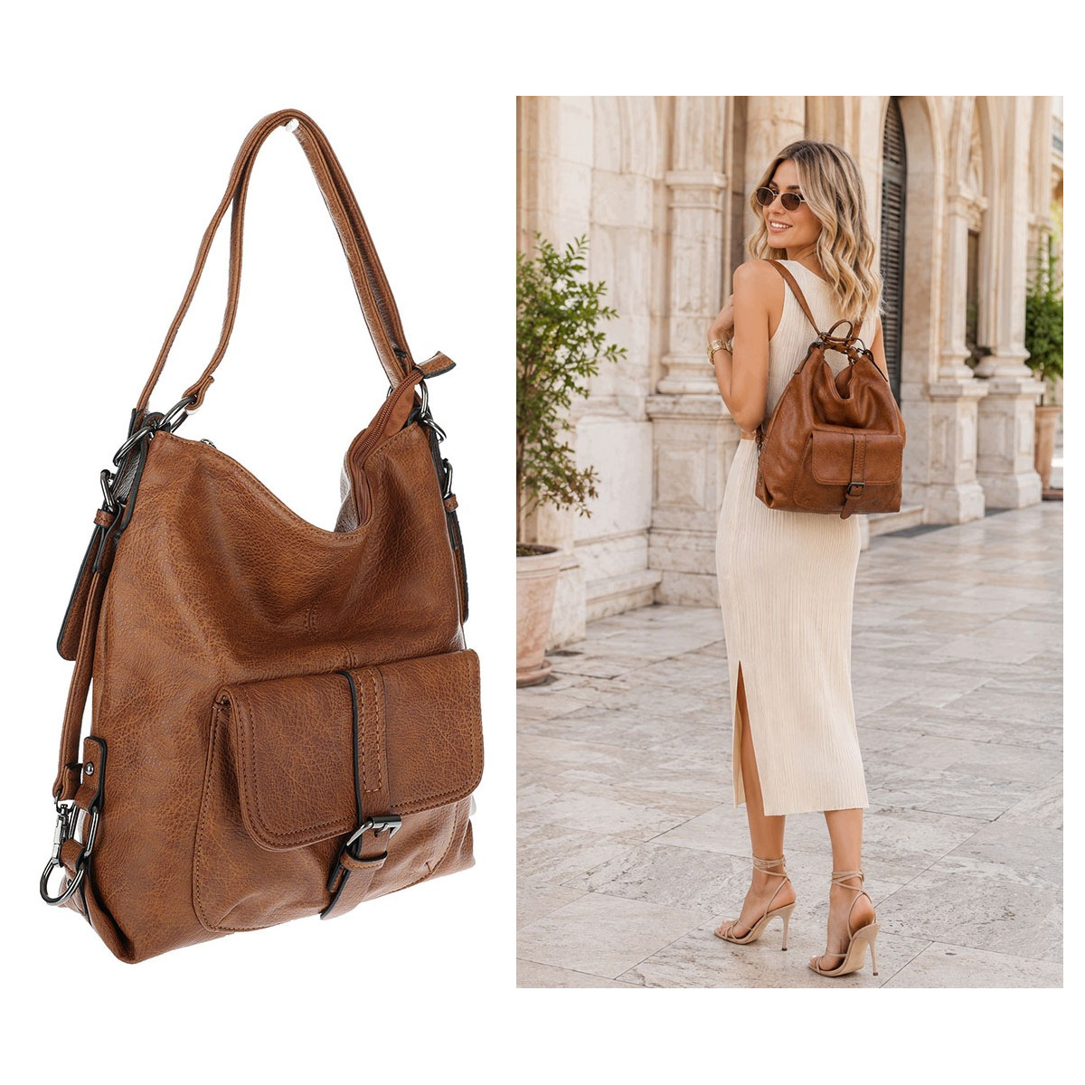 Torebka Miejska 2w1 Shopper Plecak Worek Torba Modna na Ramię SQ36A Brązowa