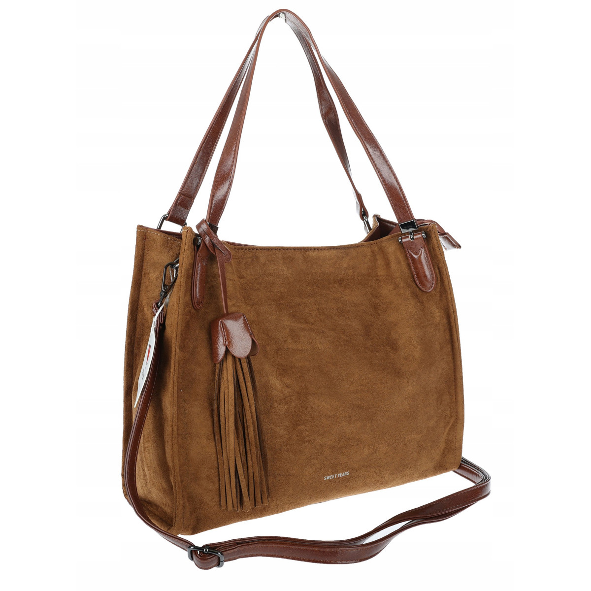 Torebka damska shopper zamszowa pojemna na ramię modna lekka OS137 Brązowa
