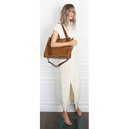 Torebka damska shopper zamszowa pojemna na ramię modna lekka OS137 Brązowa