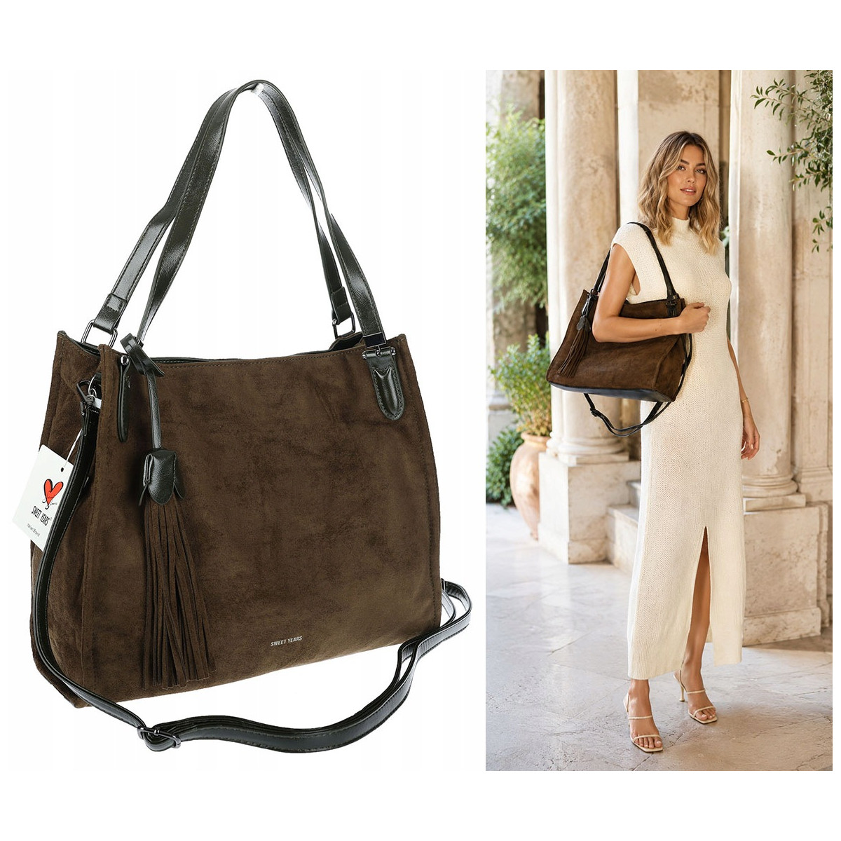 Torebka damska shopper zamszowa pojemna na ramię modna lekka OS137 Zielona
