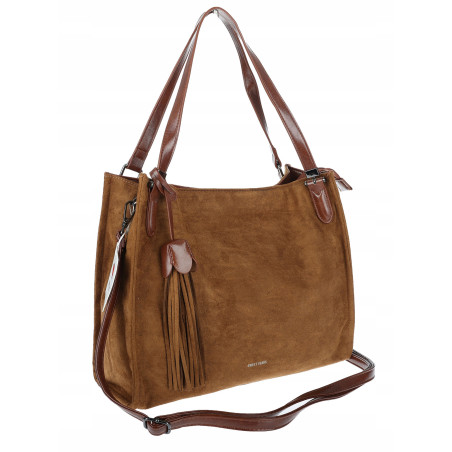 Torebka damska shopper zamszowa pojemna na ramię modna lekka OS137 Brązowa