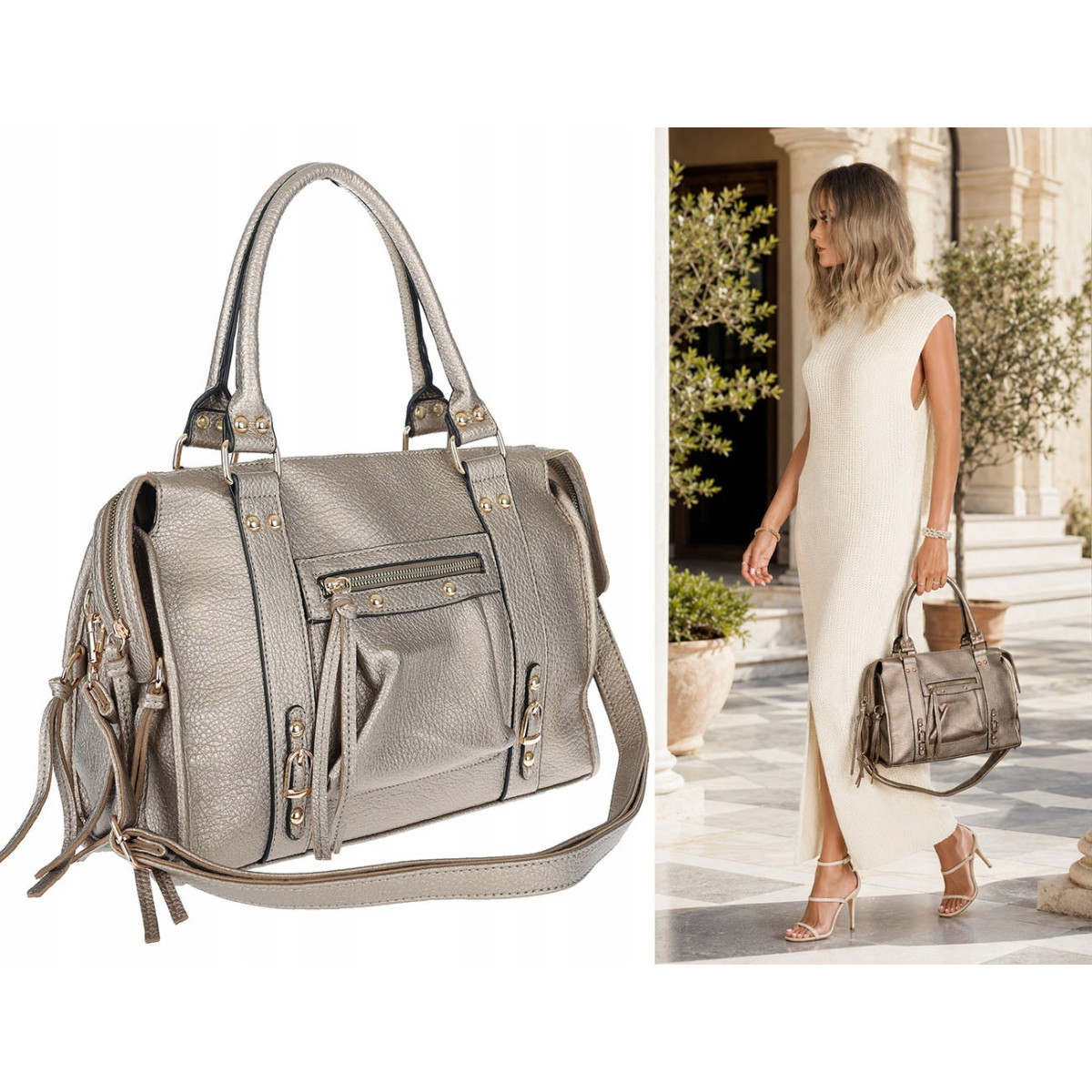Torebka damska shopper kuferek elegancka torba do pracy do ręki HJ812 Złota