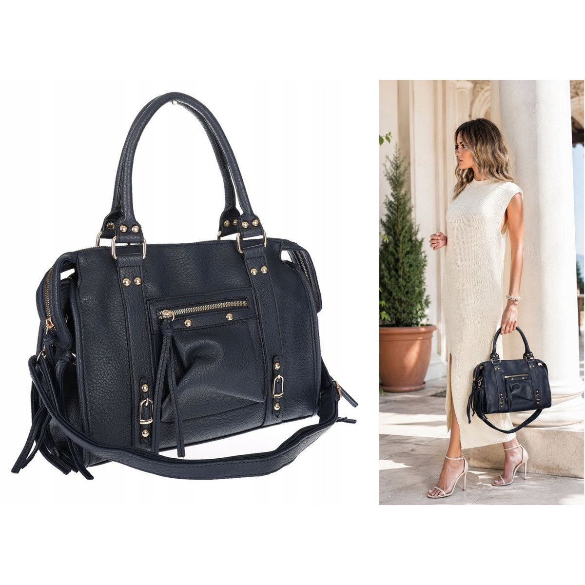 Torebka damska shopper A4 kuferek elegancka torba do pracy HJ812 Granatowa