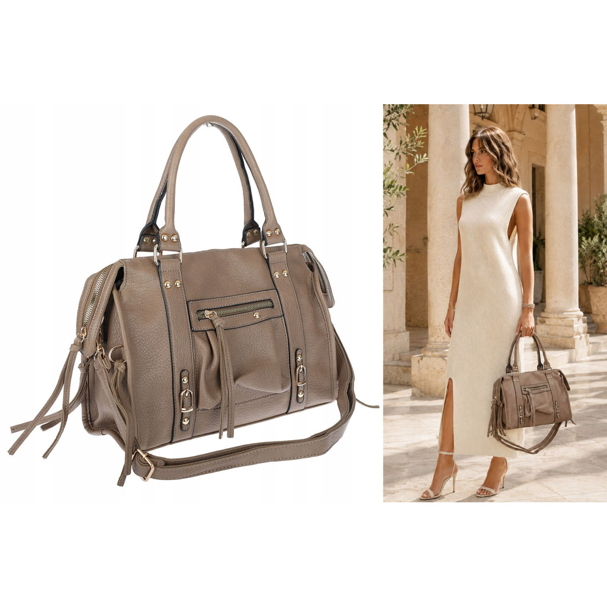 Torebka damska shopper A4 kuferek elegancka torba do pracy HJ812 Beżowa