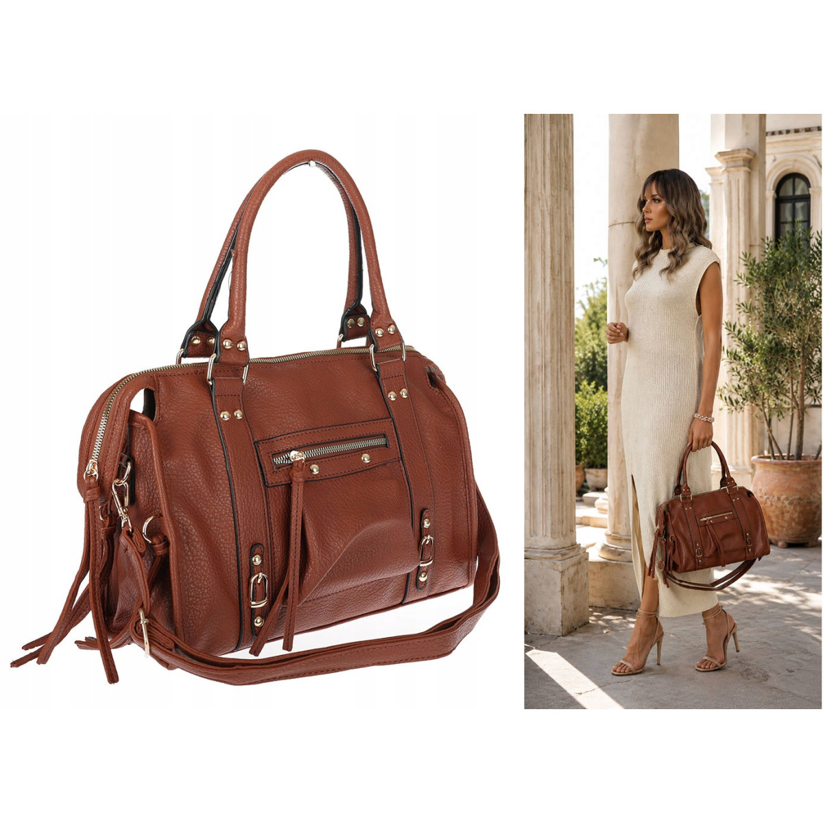 Torebka damska shopper A4 kuferek elegancka torba do pracy HJ812 Brązowa