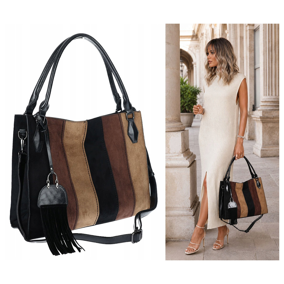 Torebka damska shopper worek zamszowa boho frędzle na ramię MC796 Czarna