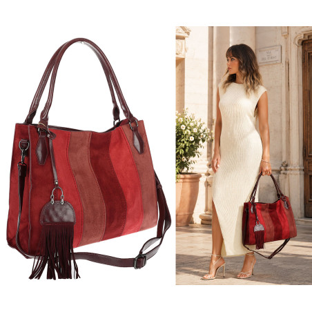 Torebka damska shopper worek zamszowa boho frędzle na ramię MC796 Bordowa