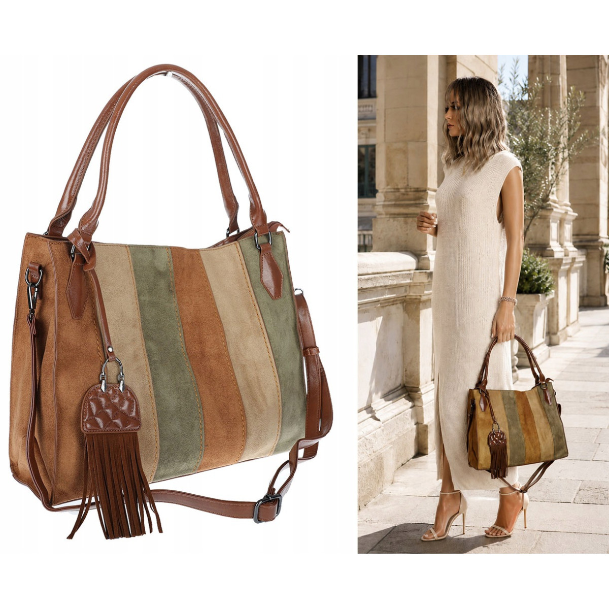 Torebka damska shopper worek zamszowa boho frędzle na ramię MC796 Brązowa