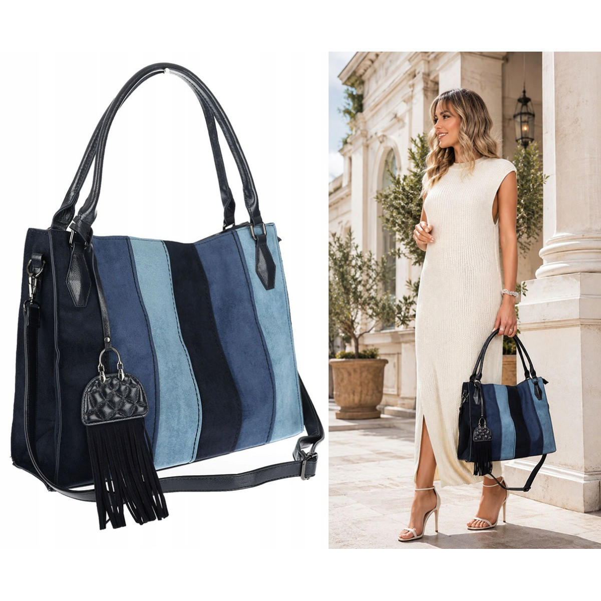 Torebka damska shopper worek zamszowa boho frędzle na ramię MC796 Niebieska