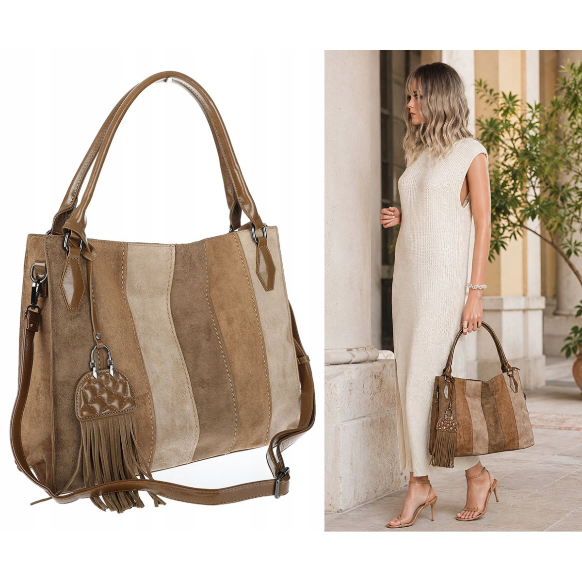 Torebka damska shopper worek zamszowa boho frędzle na ramię MC796 Beżowa