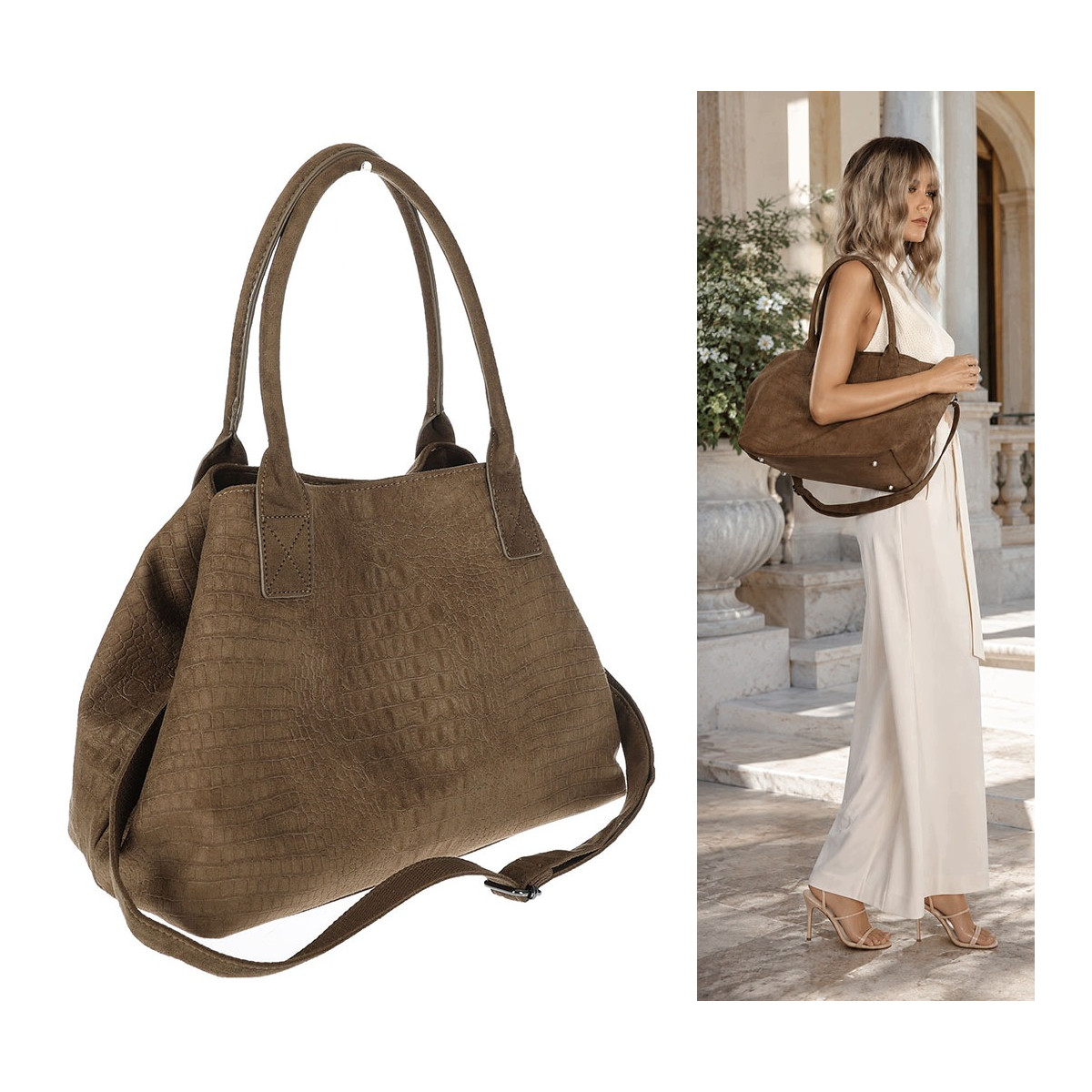 Torebka damska shopper worek zamszowa modna lekka torba pasek L540 Zielona
