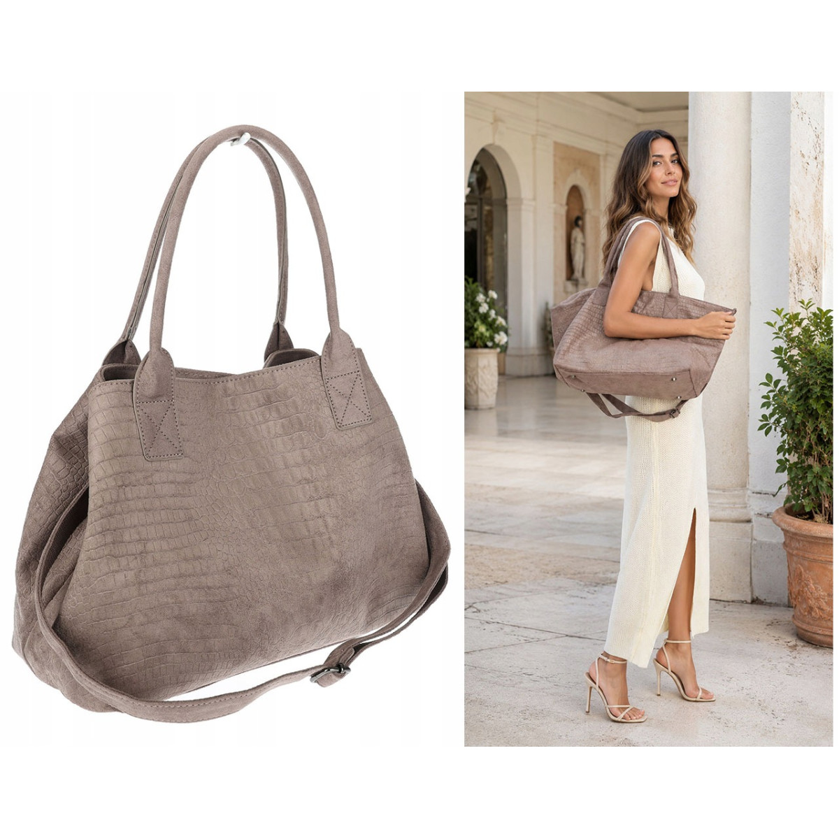 Torebka damska shopper worek zamszowa modna lekka torba L540 Beżowa Mud