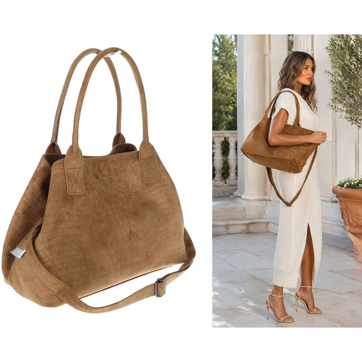 Torebka damska shopper worek zamszowa modna lekka torba pasek L540 Brązowa