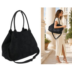 Torebka damska shopper worek zamszowa modna lekka torba pasek L540 Czarna
