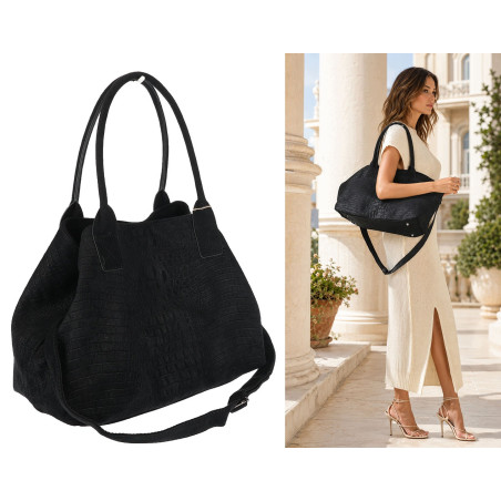 Torebka damska shopper worek zamszowa modna lekka torba pasek L540 Czarna