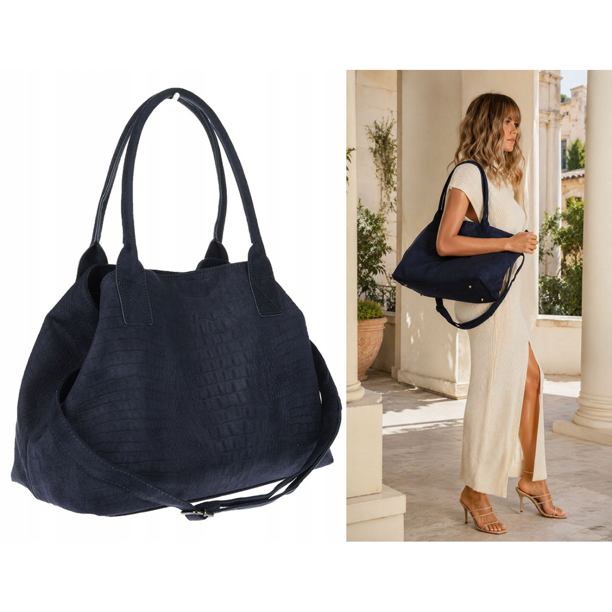 Torebka damska shopper worek zamszowa modna lekka torba L540 Granatowa