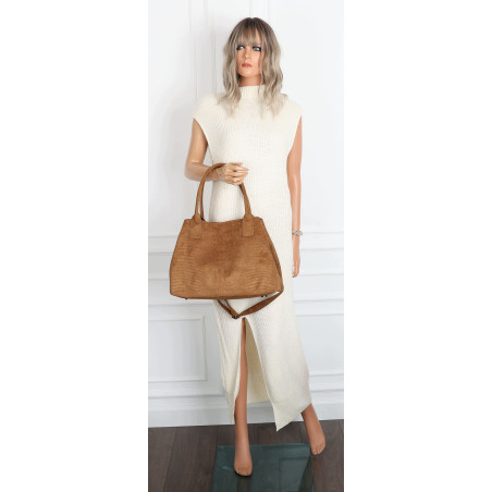 Torebka damska shopper worek zamszowa modna lekka torba pasek L540 Brązowa
