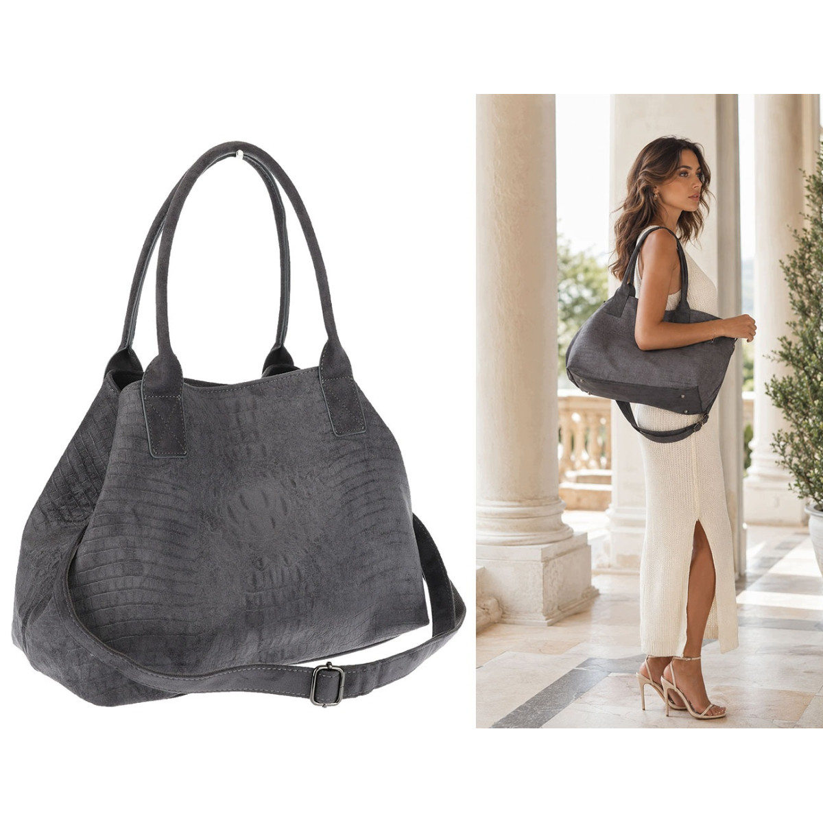 Torebka damska shopper worek zamszowa modna lekka torba na ramię L540 Szara
