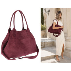 Torebka damska shopper worek zamszowa modna lekka torba pasek L540 Bordowa