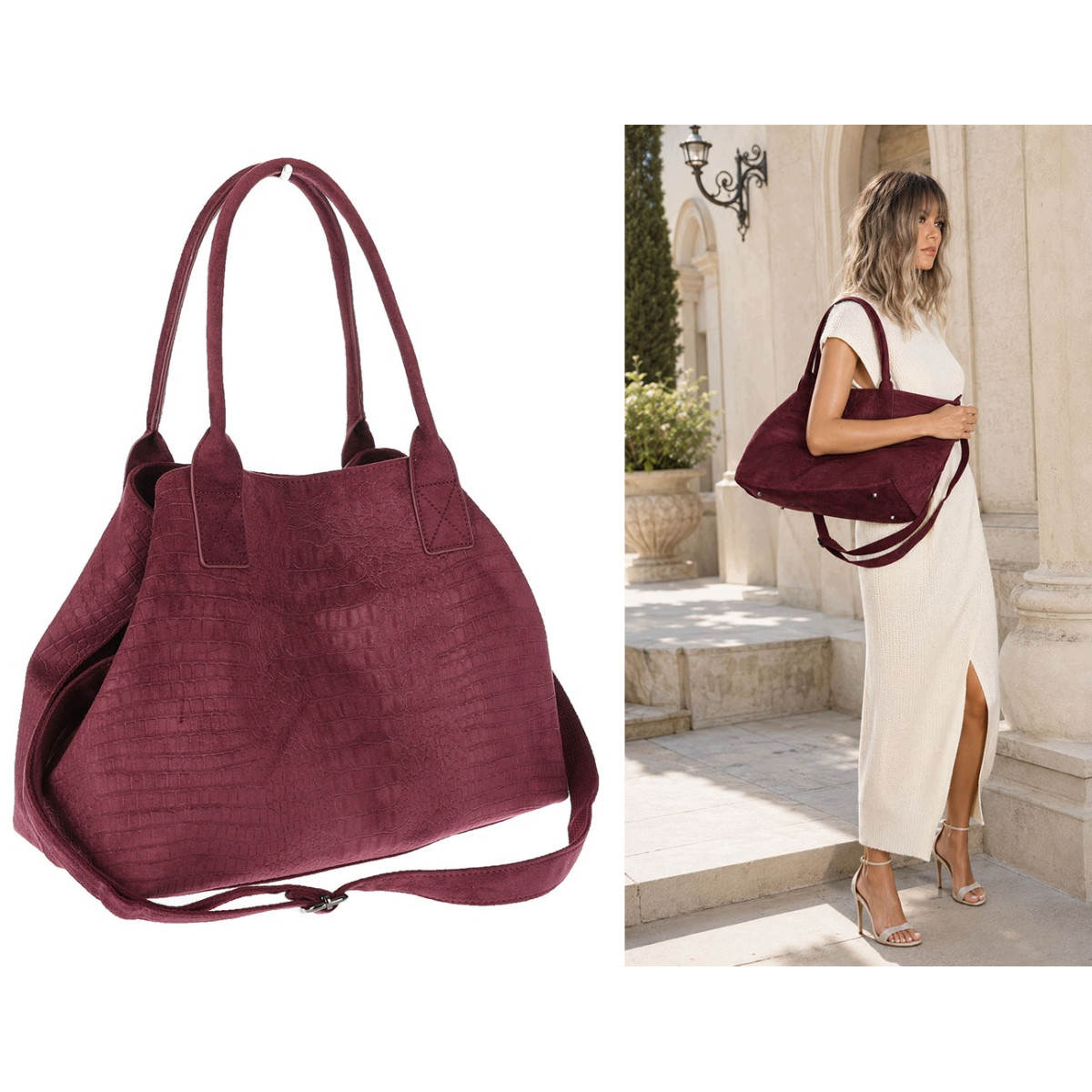 Torebka damska shopper worek zamszowa modna lekka torba pasek L540 Bordowa