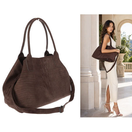 Torebka damska shopper worek zamszowa modna lekka torba L540 Czekoladowa