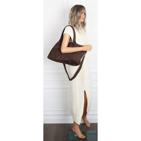 Torebka damska shopper worek zamszowa modna lekka torba L540 Czekoladowa