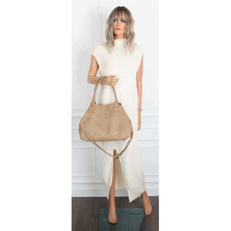 Torebka damska shopper worek zamszowa modna lekka torba pasek L540 Beżowa