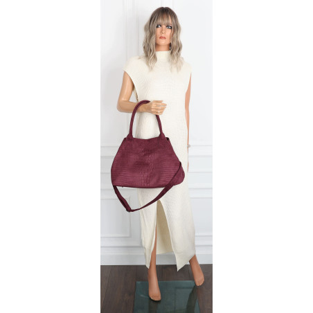 Torebka damska shopper worek zamszowa modna lekka torba pasek L540 Bordowa