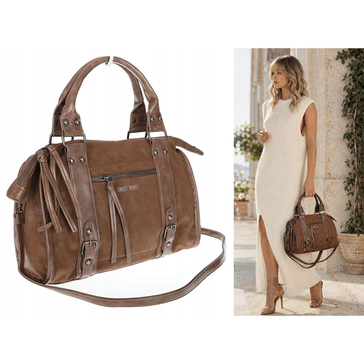 Torebka damska shopper kuferek modna torba do pracy szkoły WS518 Brązowa