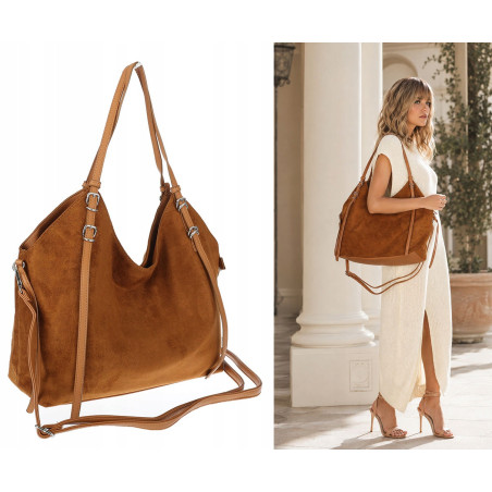 Torebka damska zamszowa shopper pojemna torba elegancka modna 638C Brązowa