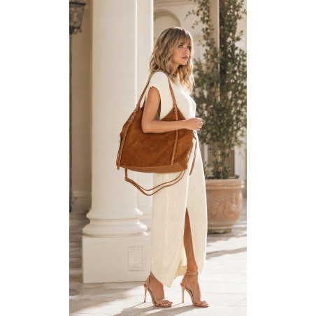 Torebka damska zamszowa shopper pojemna torba elegancka modna 638C Brązowa