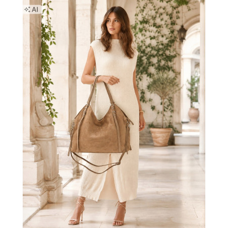 Torebka damska zamszowa shopper pojemna elegancka modna torba 638C Beżowa