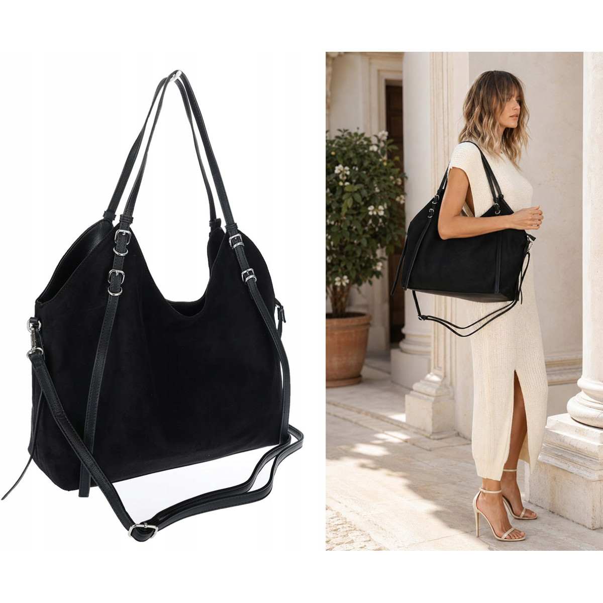 Torebka damska zamszowa shopper worek pojemna elegancka modna 638C Czarna