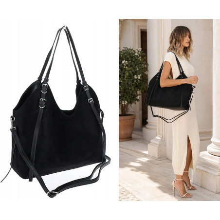 Torebka damska zamszowa shopper worek pojemna elegancka modna 638C Czarna