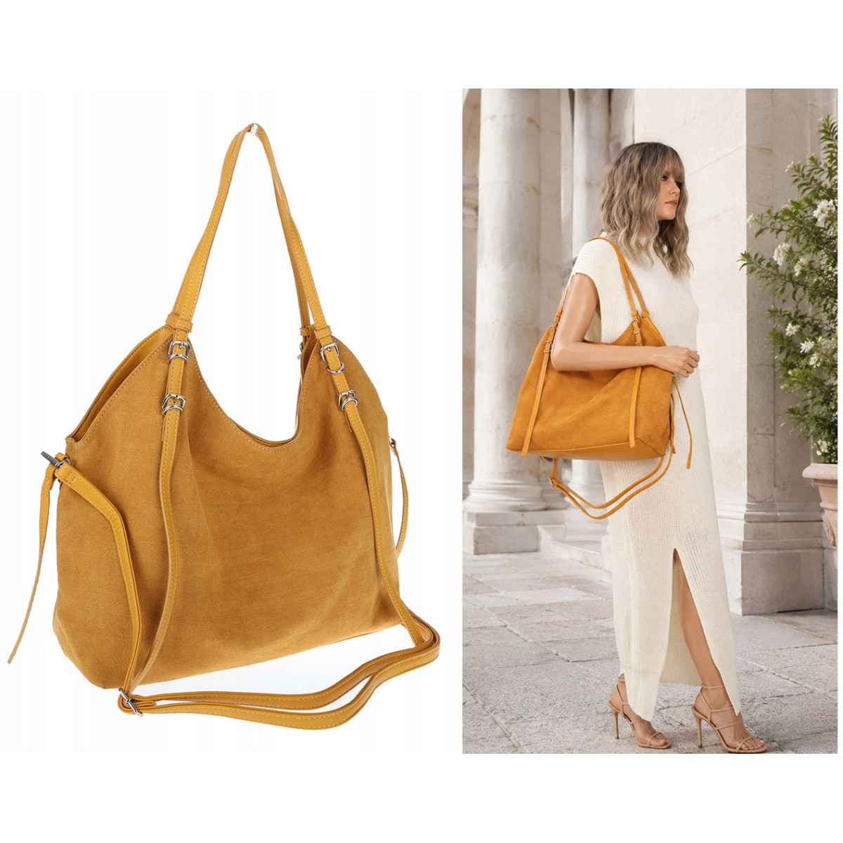 Torebka damska zamszowa shopper pojemna elegancka modna 638C Musztardowa