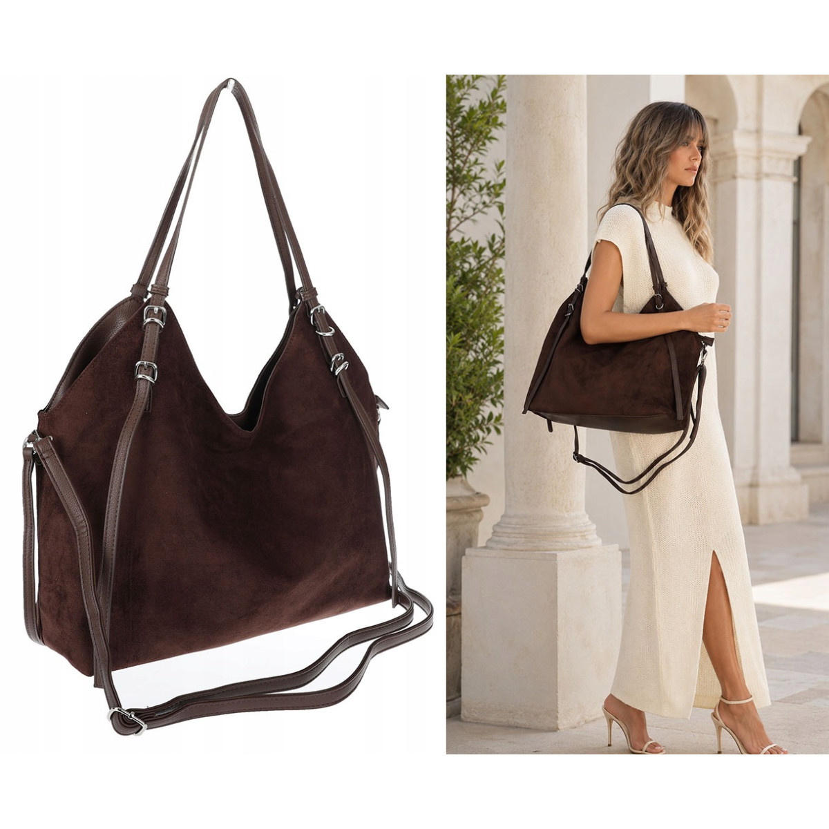 Torebka damska zamszowa shopper pojemna elegancka modna 638C Czekoladowa