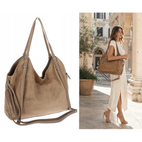 Torebka damska zamszowa shopper pojemna elegancka modna torba 638C Beżowa